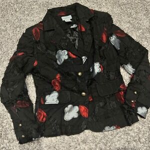 Nanweena Black Red‎ Gray Floral Applique Textured Blazer Jacket Size M